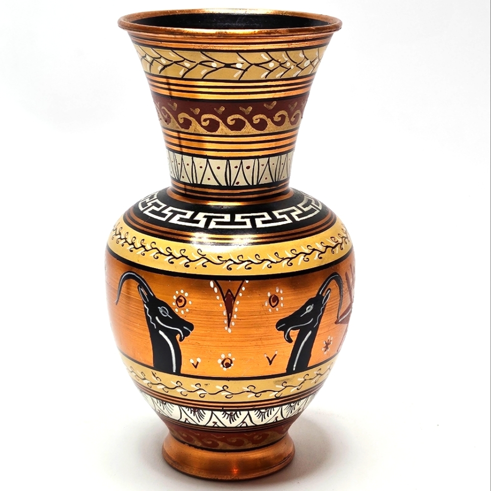Vintage Handpainted Copper Meander Vase Made In Greece Goat